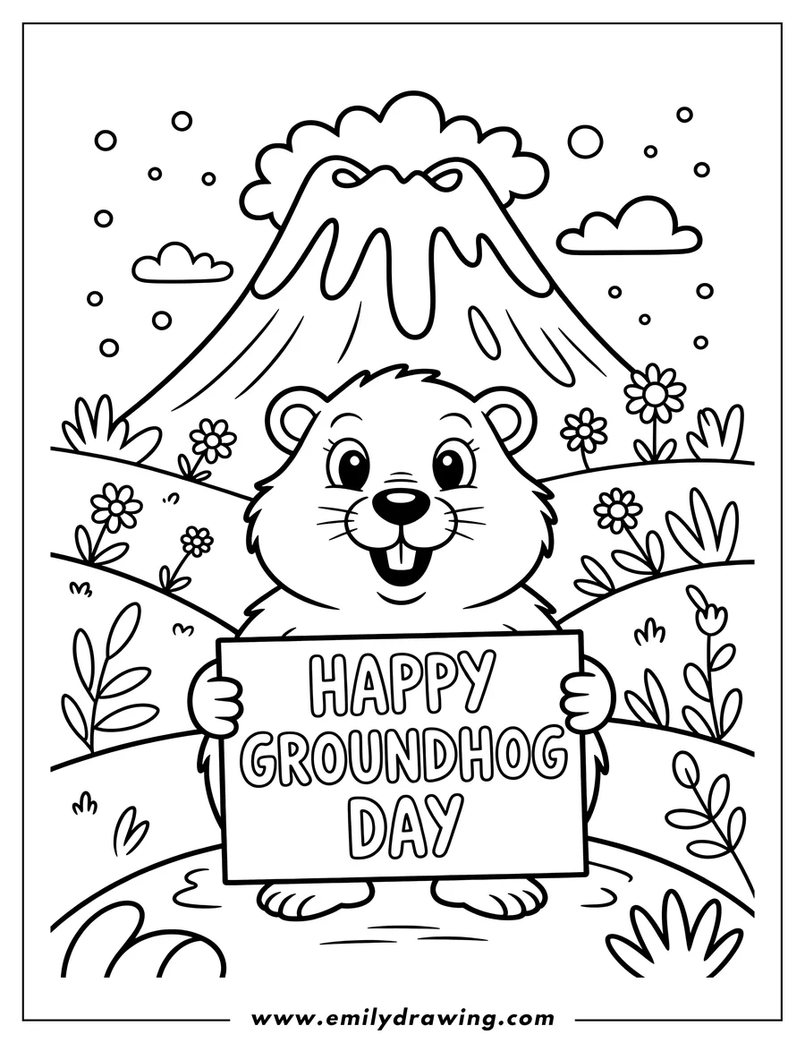 Outline of a smiling groundhog holding a sign that reads Happy Groundhog Day. The groundhog stands in a landscape with small flowers, rolling hills, and a large, snow-capped peak in the background, suggesting winter weather.
