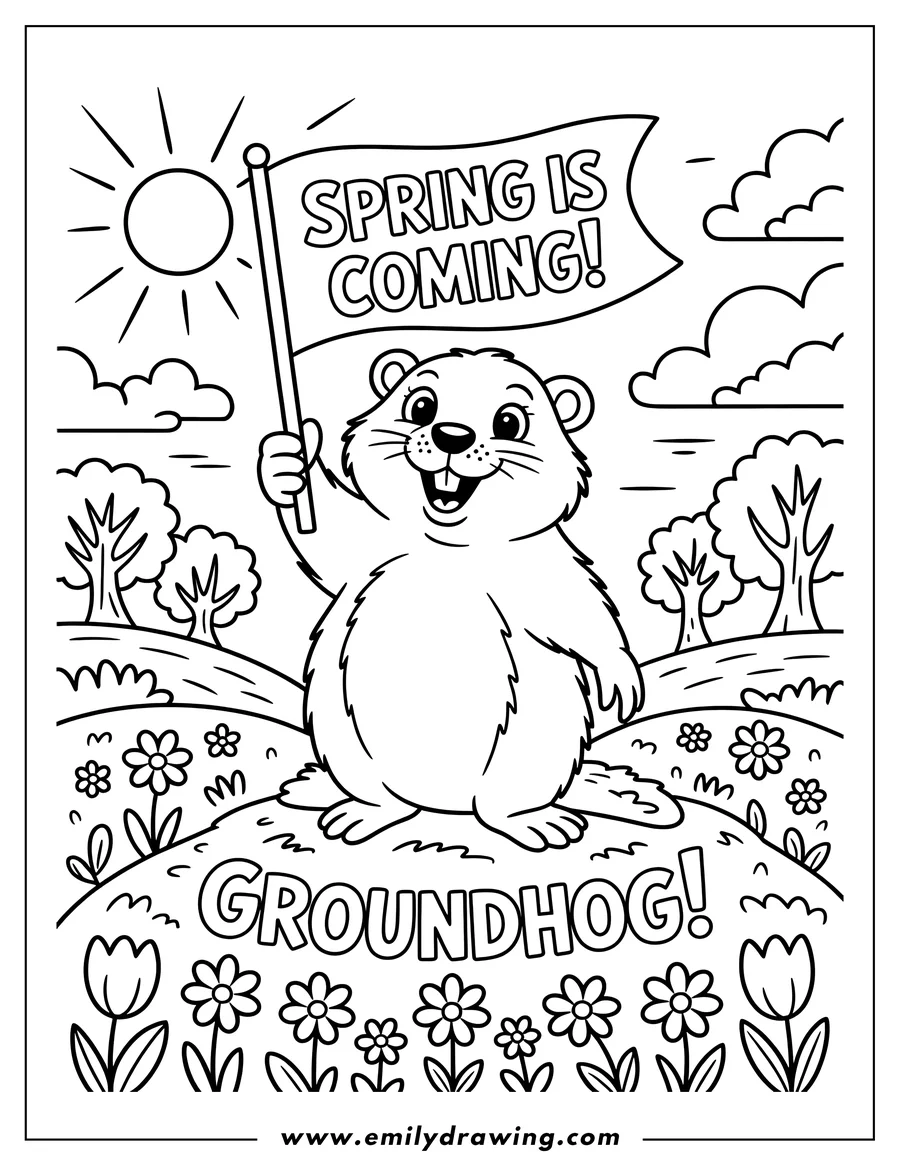 Outline of a cheerful groundhog standing on a flowery hill and holding a flag that reads