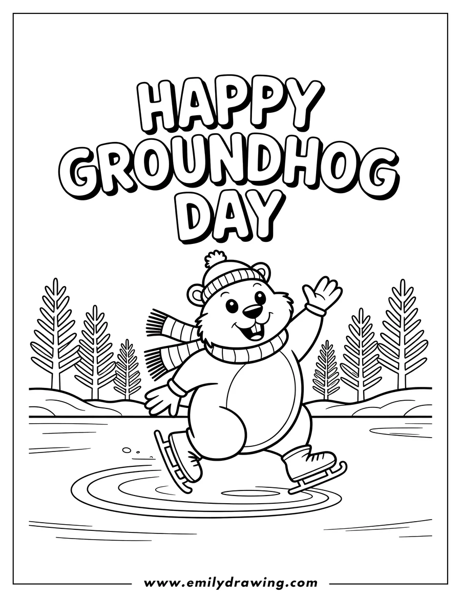 Outline of a cheerful groundhog wearing a knit hat and scarf, ice skating on a frozen pond in a winter forest scene. The text