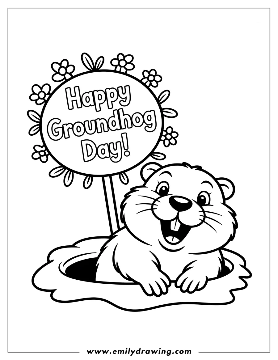 Outline of a cartoon groundhog peeking its head and paws out of a dirt burrow. The groundhog is smiling brightly and standing next to a round sign decorated with flowers that reads,