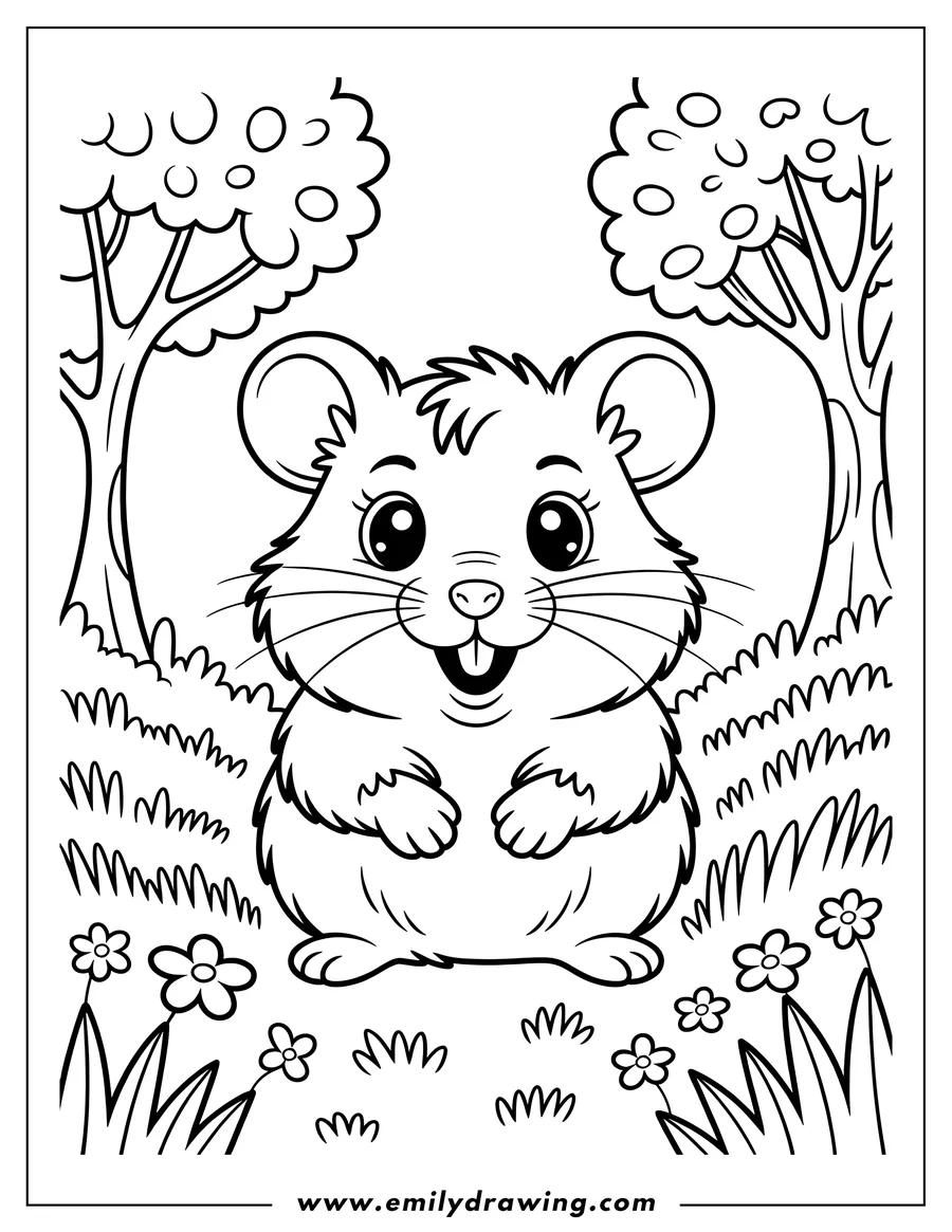 Outline of a happy, fluffy groundhog standing upright in the grass between two stylized trees, surrounded by small flowers and greenery.