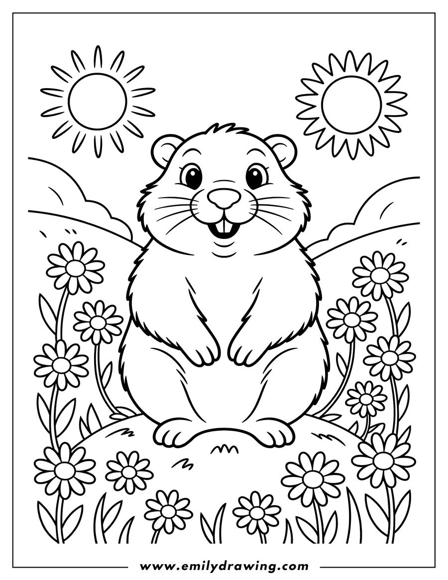 Outline of a cartoon groundhog standing up on a small grassy hill, surrounded by tall wildflowers and daisies, with two stylized suns visible in the background.