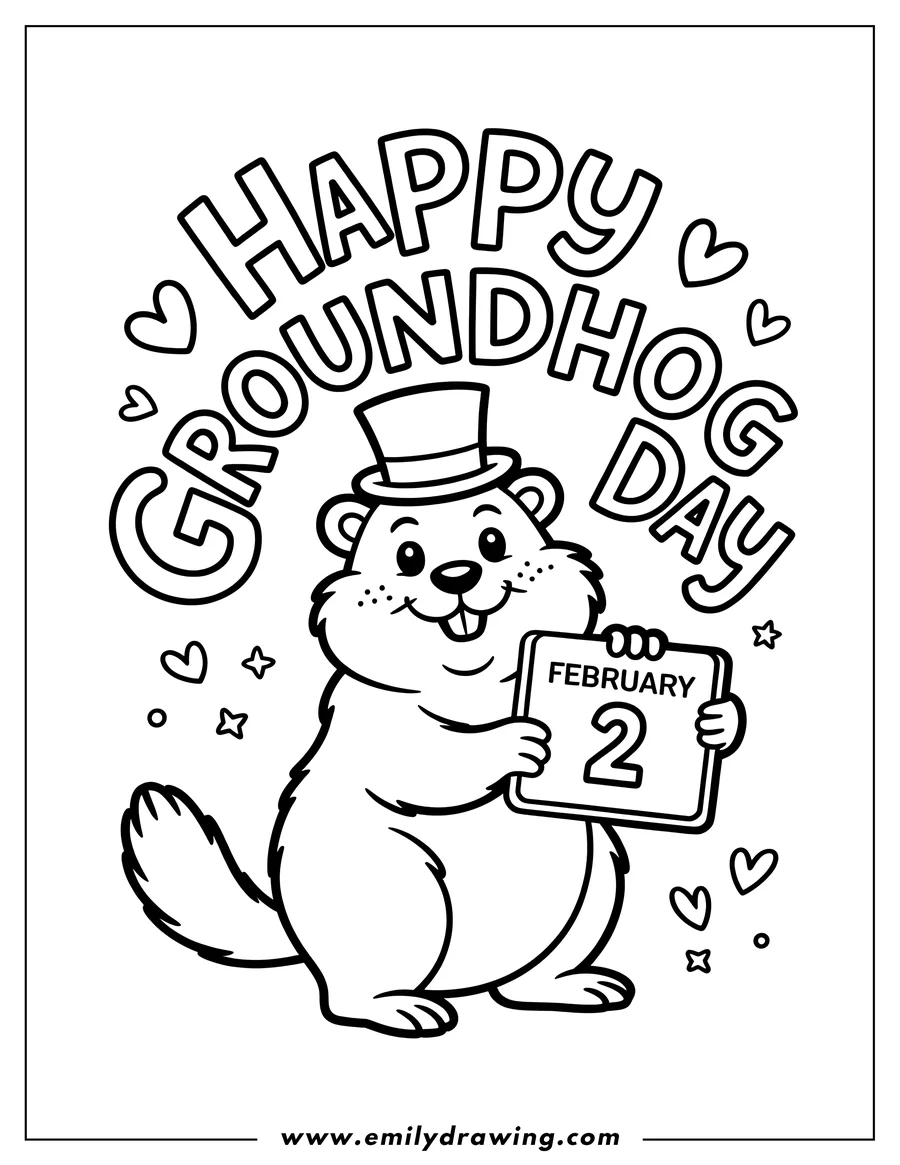 Outline of a smiling cartoon groundhog wearing a top hat and holding a small calendar displaying the date February 2. The phrase 'Happy Groundhog Day' is arched above the animal.