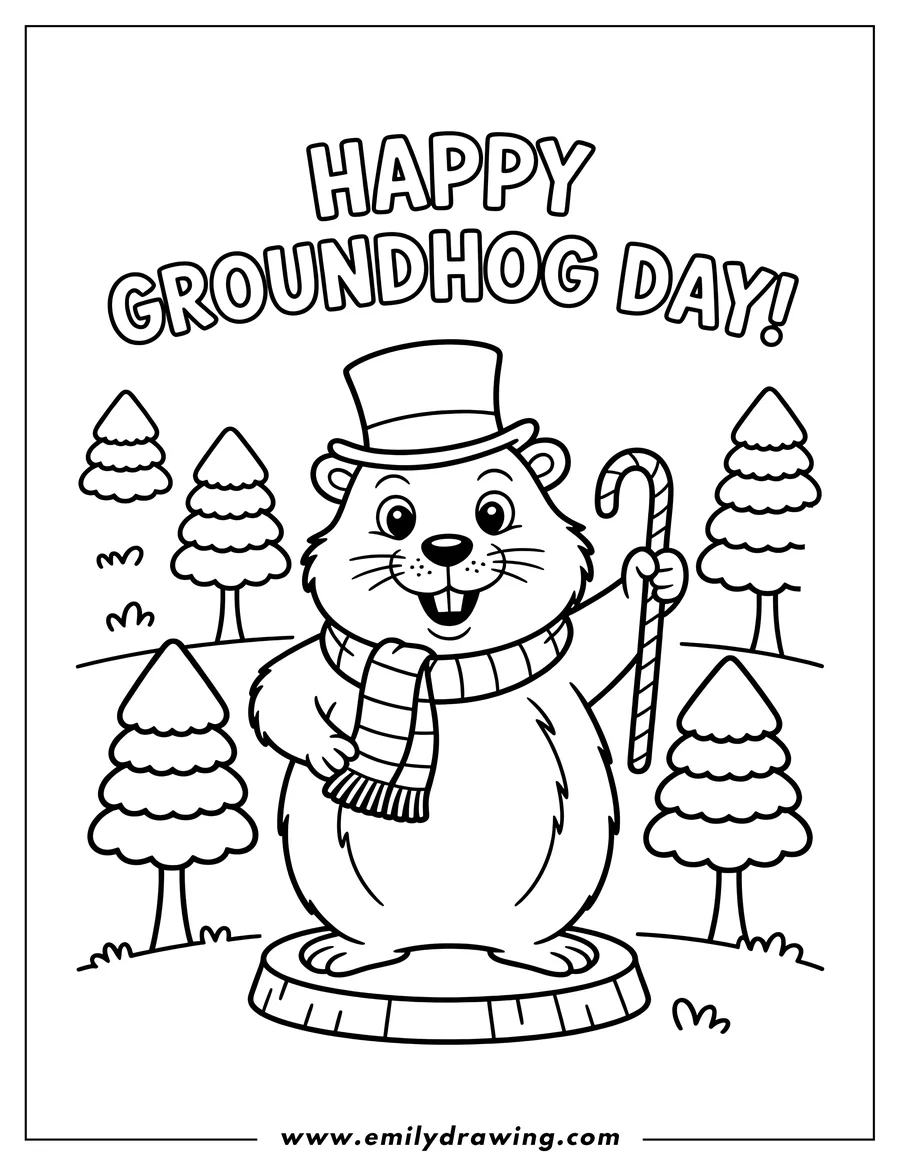 Outline of a smiling groundhog wearing a top hat and scarf, holding a cane, standing among evergreen trees for Groundhog Day.