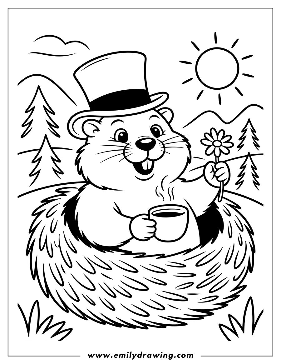 Outline of a cheerful groundhog wearing a top hat and emerging from its burrow, holding a steaming mug of coffee and a daisy flower. The sun is shining brightly over the mountains.