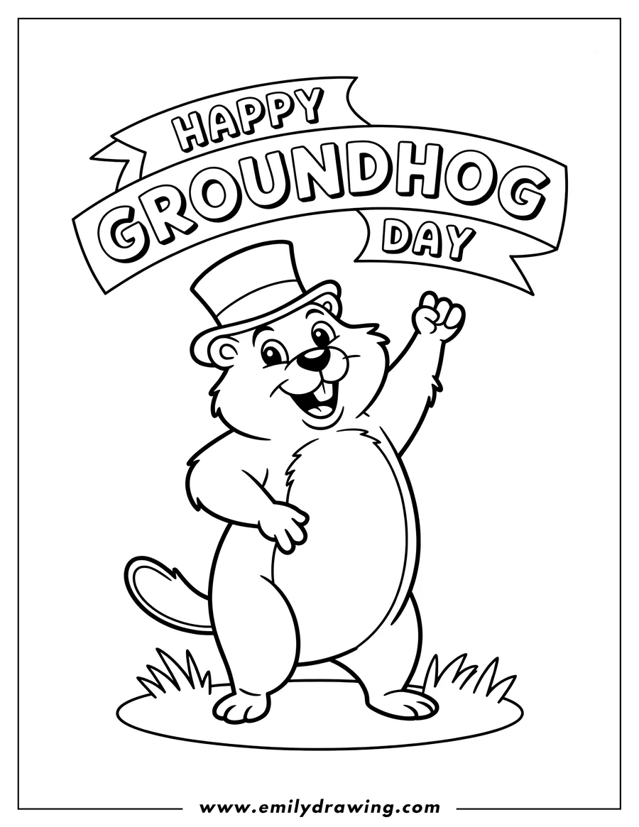 Outline of a cheerful cartoon groundhog wearing a top hat, standing on grass with one arm raised, below a banner reading