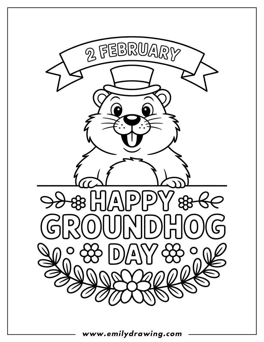 Outline of a cheerful cartoon groundhog wearing a top hat, featured above a decorative sign reading 'Happy Groundhog Day'. A banner above the groundhog reads '2 February'.