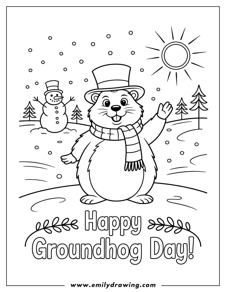 Outline of a happy groundhog wearing a striped scarf and top hat, standing in a snowy winter scene. A snowman, pine trees, and the sun are visible in the background, along with the text 'Happy Groundhog Day!'.
