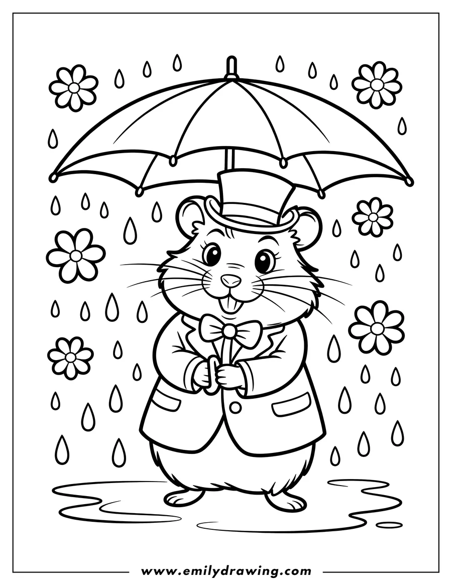 Outline of a groundhog wearing a suit, bow tie, and top hat, standing under an open umbrella while raindrops fall around the scene.