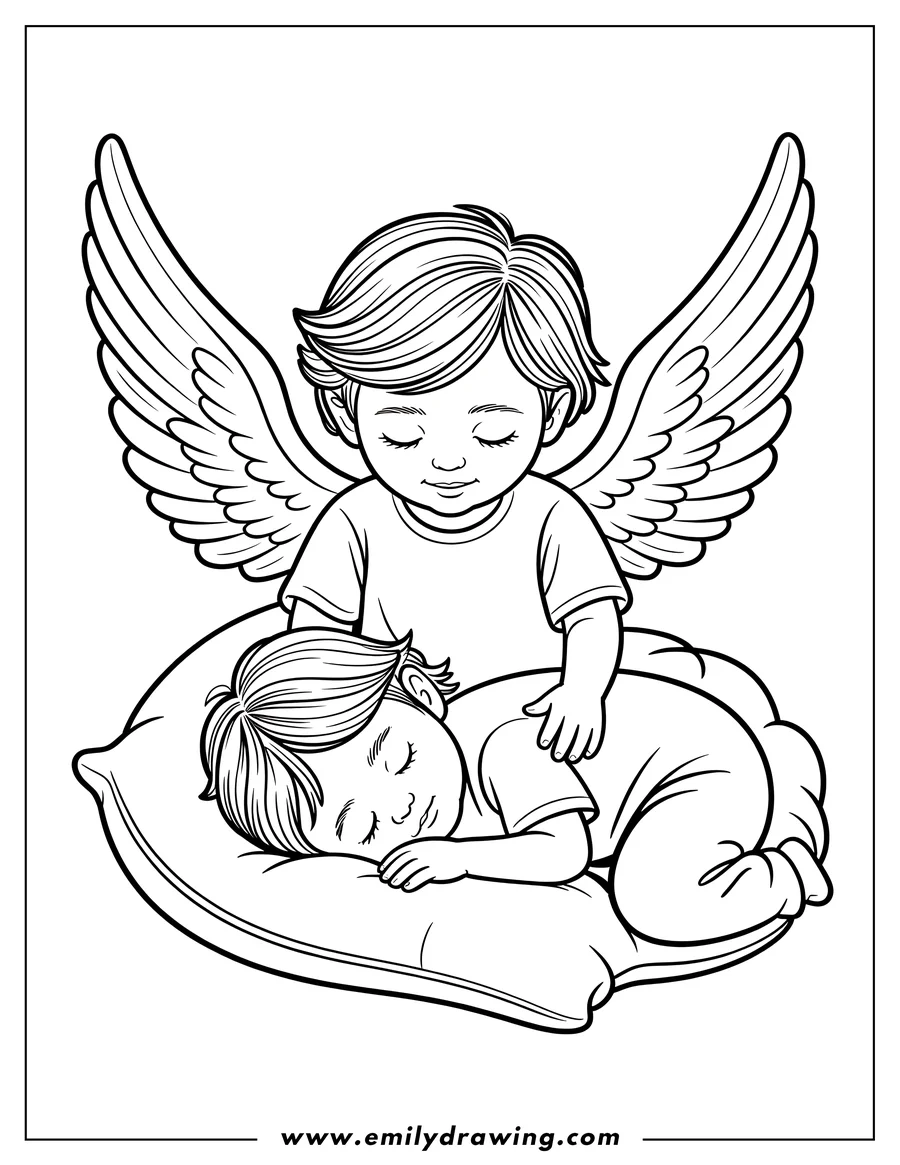Line art of a guardian angel watching over a sleeping child resting on a pillow. The angel has large wings and a gentle expression.