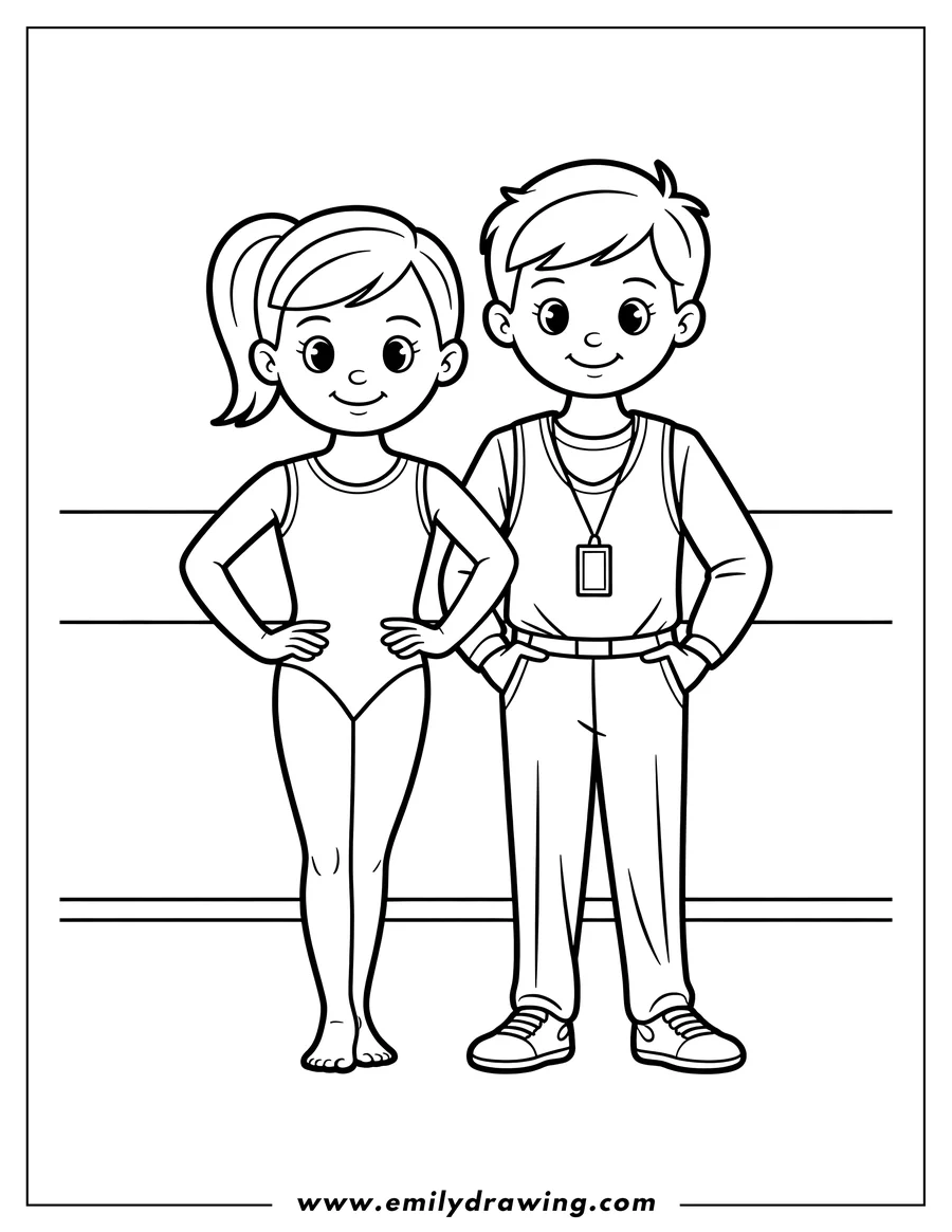 Line art of a gymnast and their coach standing together. The gymnast is barefoot and wearing a leotard, while the coach is wearing sneakers, pants, and a shirt with an ID badge.