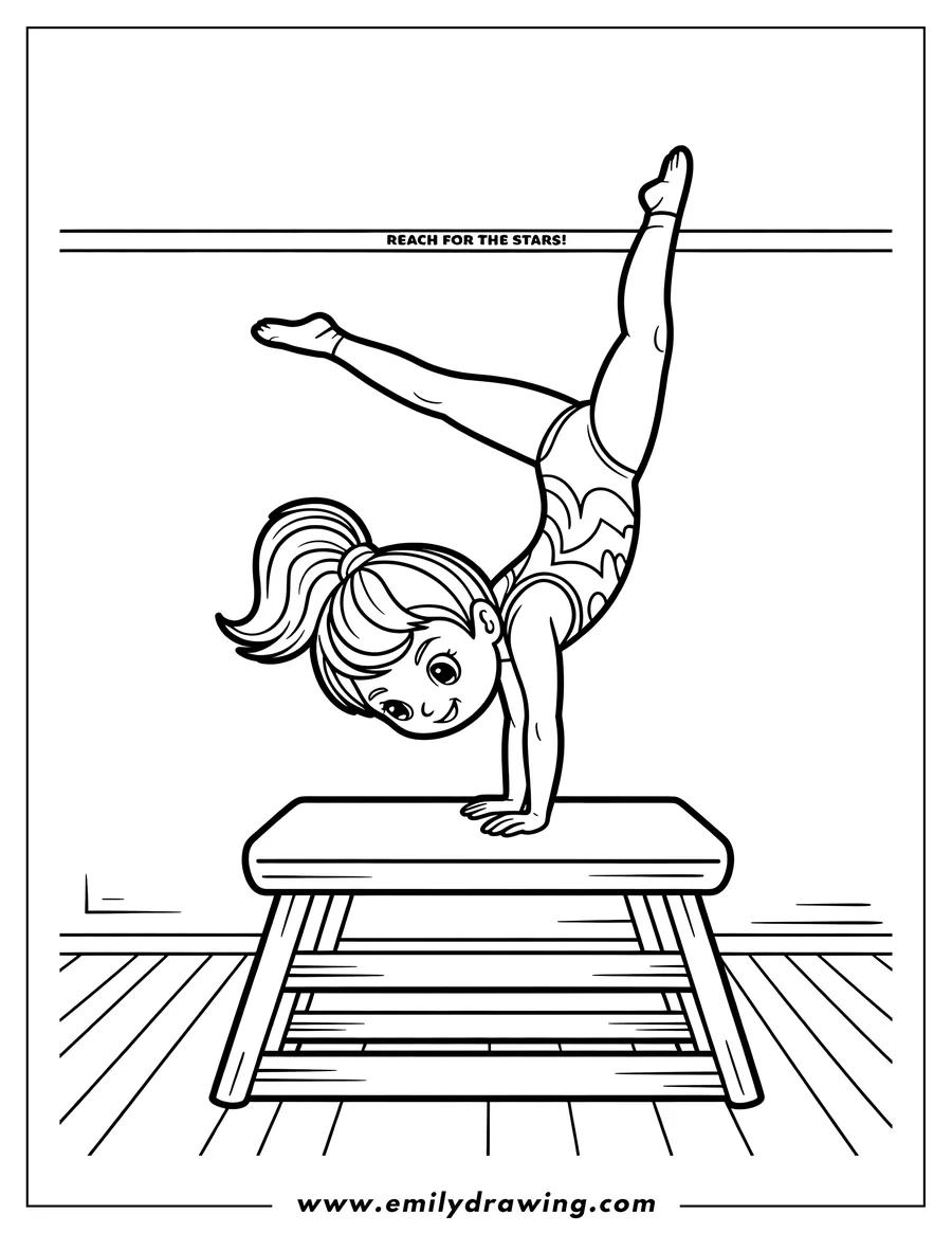 Line art of a gymnast doing a handstand on a balance beam. She is wearing a leotard and has her hair tied back in a ponytail.