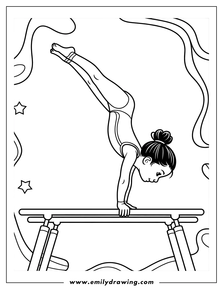Line art of a gymnast performing a handstand on parallel bars. She has her hair tied up in a bun and is wearing a leotard.