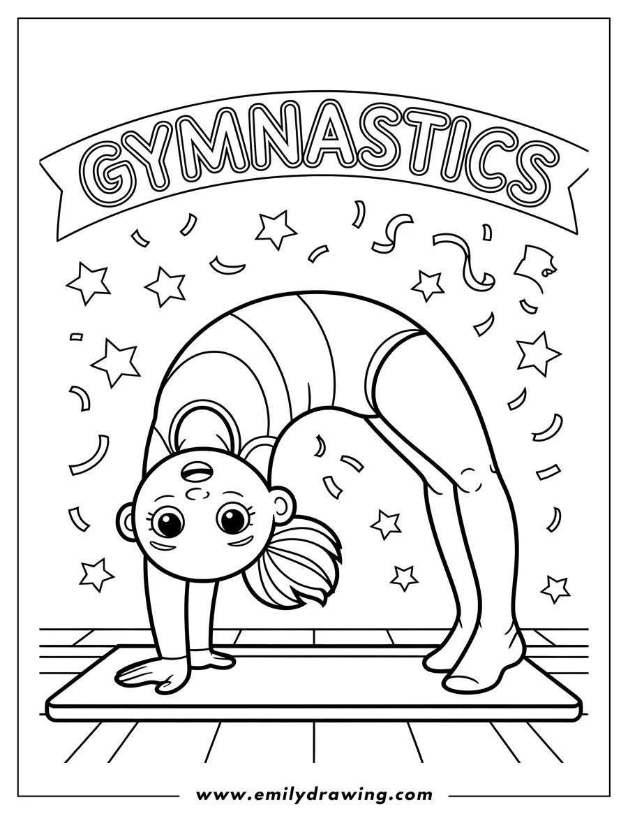 Line art of a gymnast doing a backbend on a mat. She's wearing a leotard and has her arms and legs straight. Stars and confetti decorate the background.
