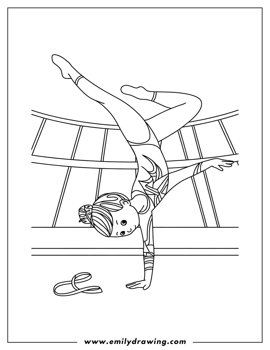 Outline of a gymnast doing a handstand on a mat with a ribbon nearby.