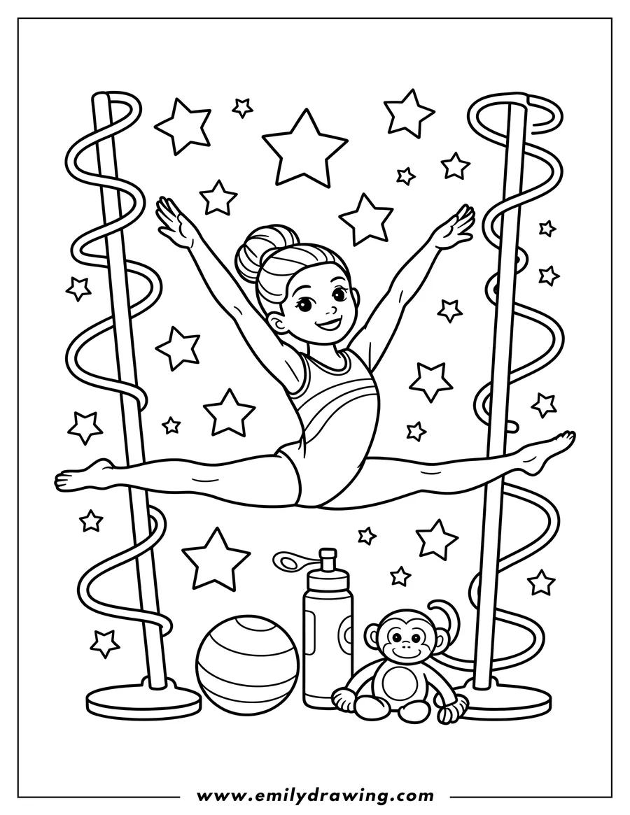 Outline of a gymnast performing the splits between two bars, with stars, a fitness ball, water bottle, and stuffed monkey toy nearby.