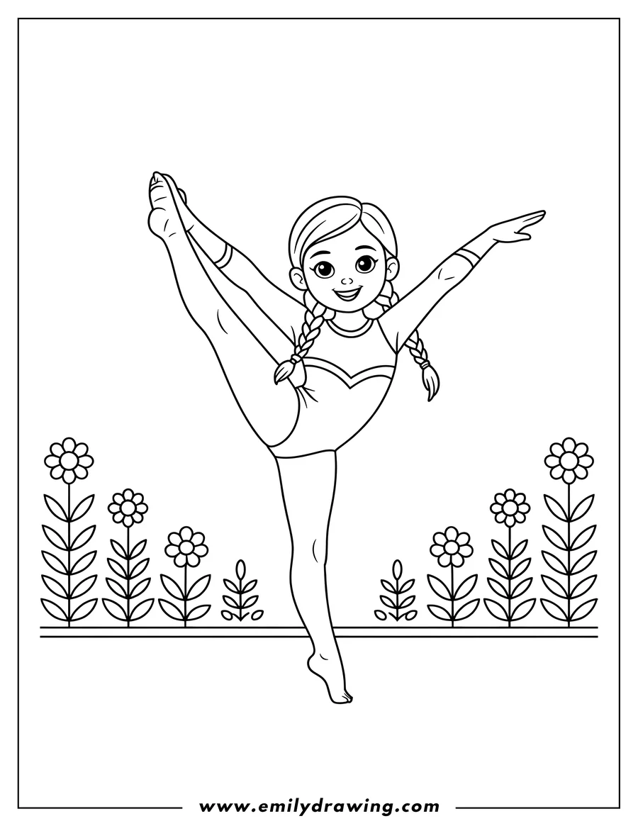 Line art of a gymnast performing a floor routine. She is balancing on one foot with her other leg extended high and one arm outstretched. Flowers decorate the background.