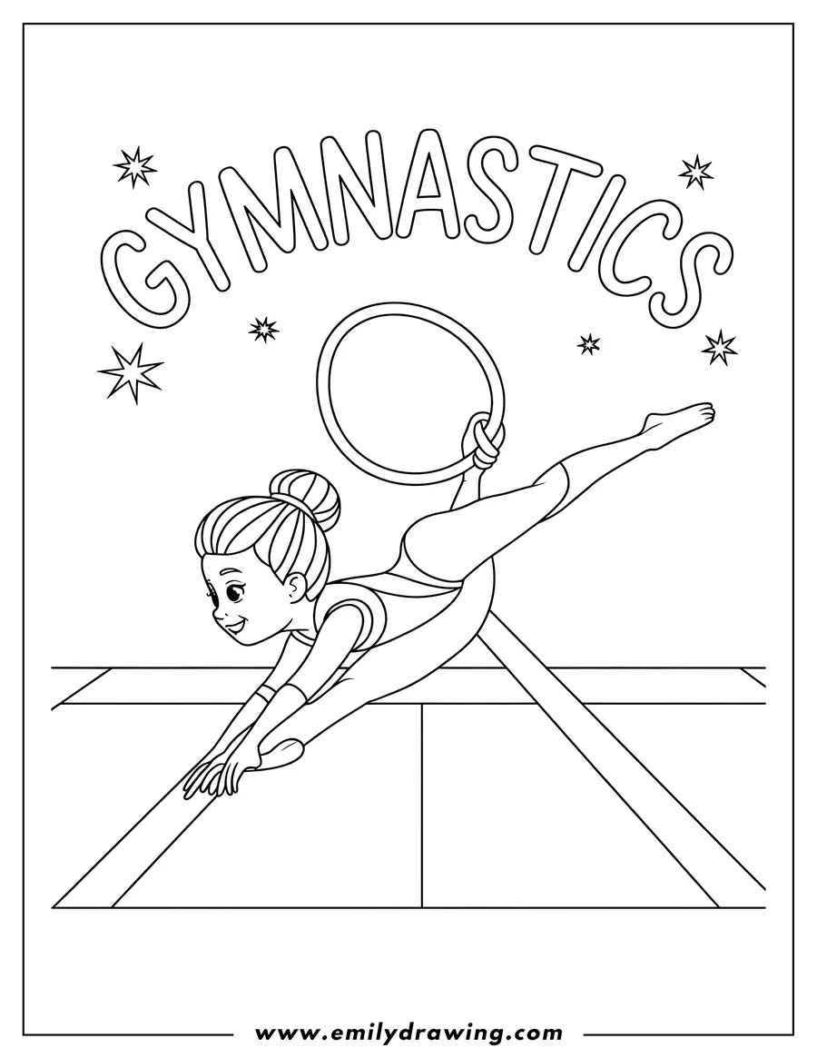 Outline of a gymnast holding onto rings, performing a split with one leg extended and her arms supporting her weight.