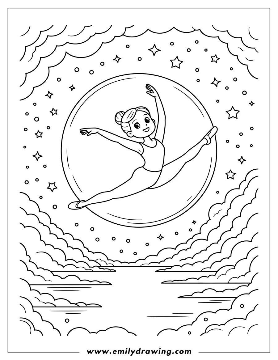 Outline of a gymnast doing the splits inside a hoop high in the sky, surrounded by stars and clouds.