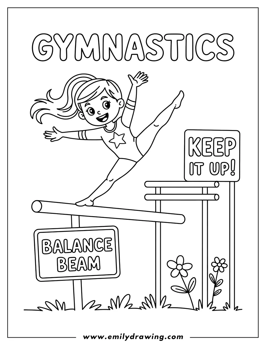 Outline of a gymnast balancing on a beam.  There are flowers growing near the balance beam. A sign says 