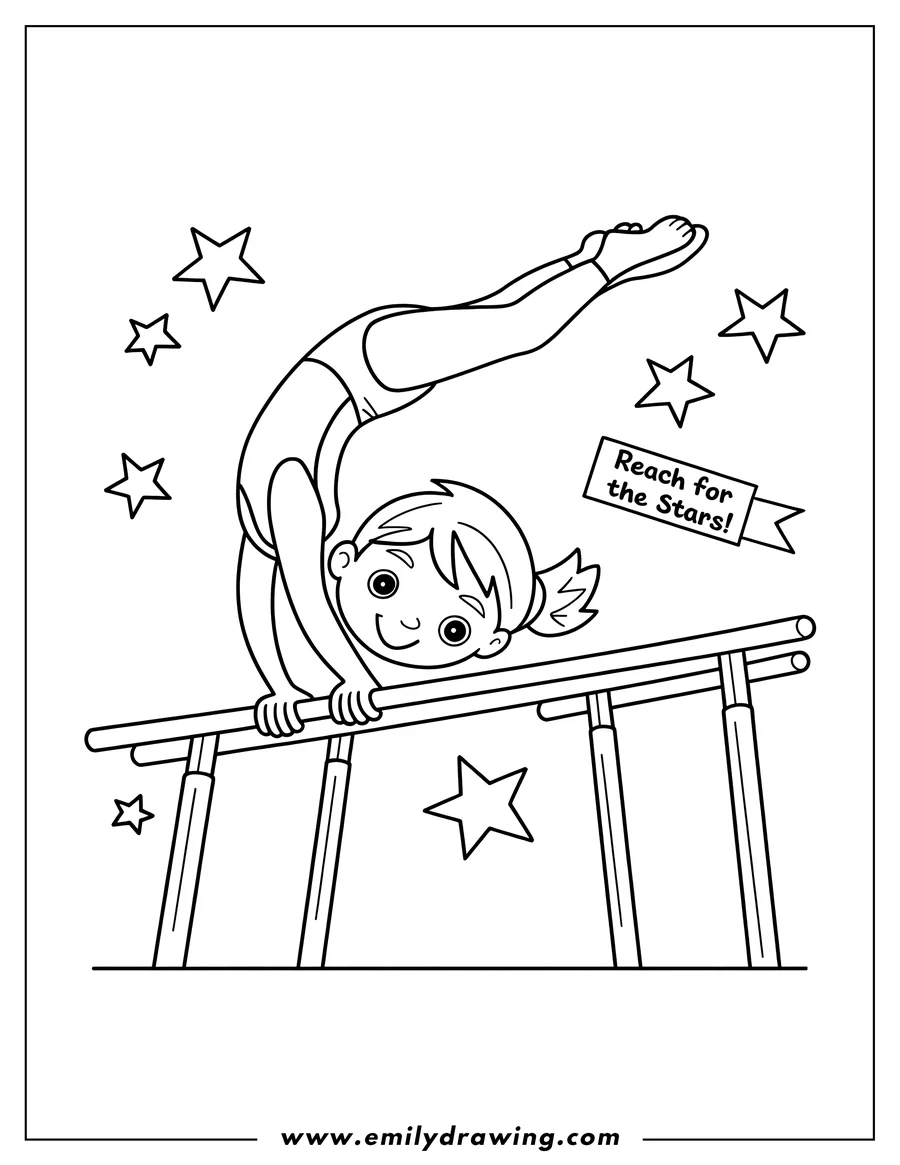Line art of a gymnast performing on parallel bars, surrounded by stars.
