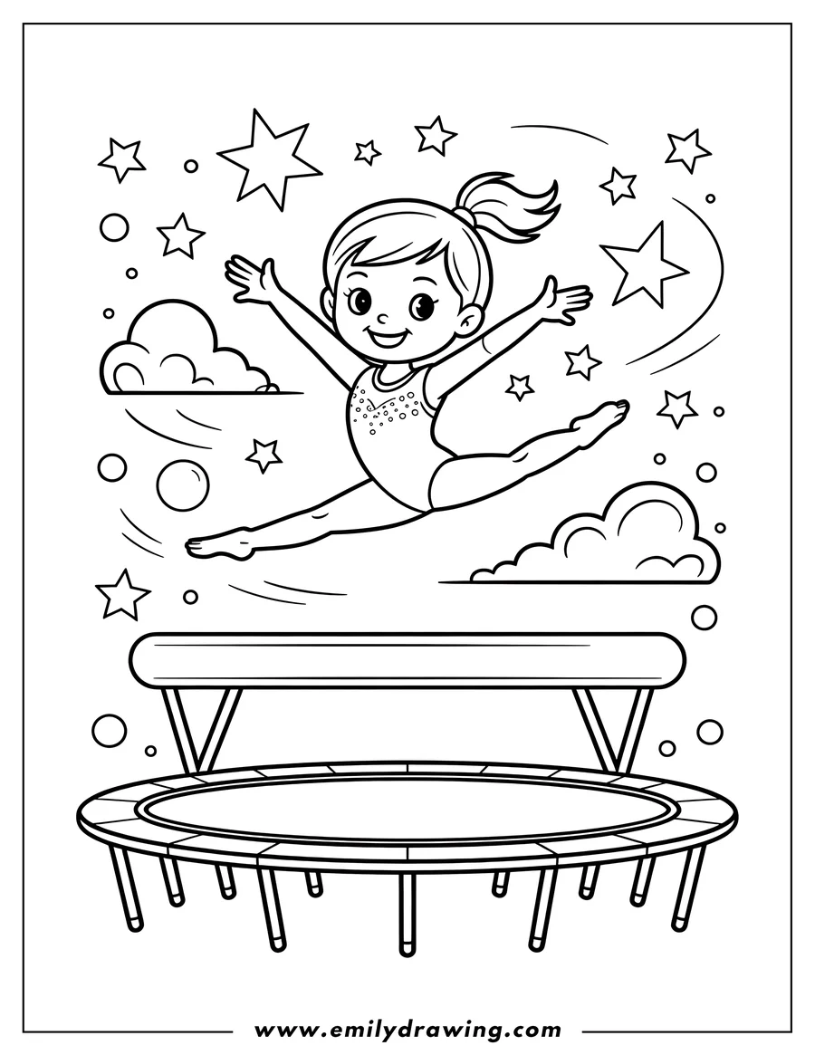 Outline of a gymnast doing a split in the air above a trampoline and balance beam.