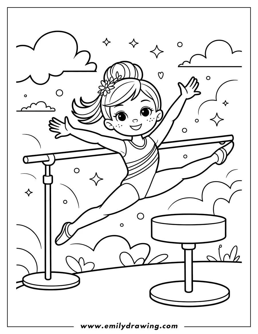 Outline of a gymnast performing on the uneven bars. She is mid-air, with one leg extended and arms outstretched. A balance beam is visible in the background.