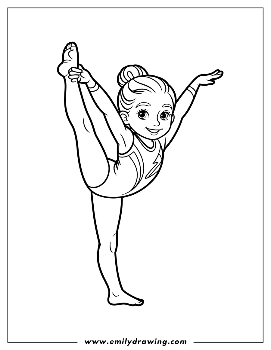 Outline of a gymnast balancing on one foot with her other leg extended high in the air. She is performing a handstand.