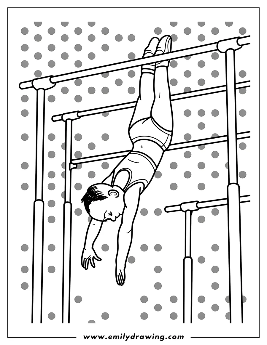 Line art of a gymnast hanging upside down from the uneven bars, performing a gymnastic move.