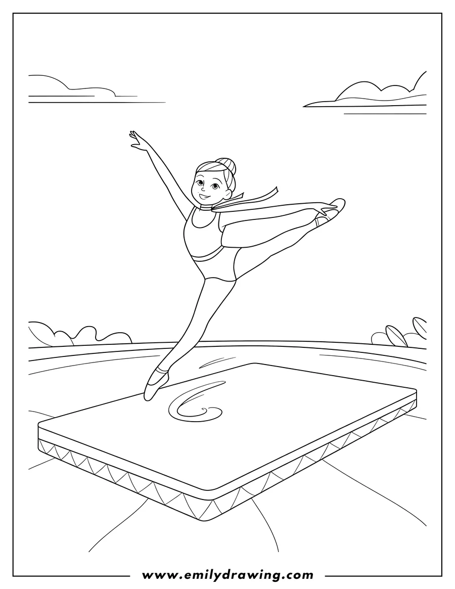 Line art of a gymnast performing a jump on a mat. She's balancing on one foot with her other leg extended and one arm raised.  A ribbon flows behind her.