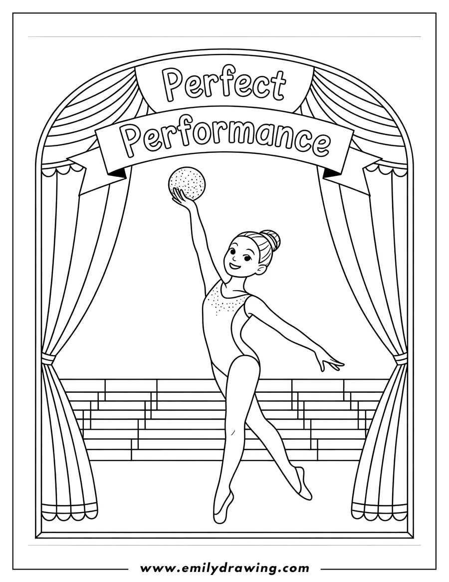 Line art of a gymnast performing on stage with a ball. She is smiling and balancing on one foot.