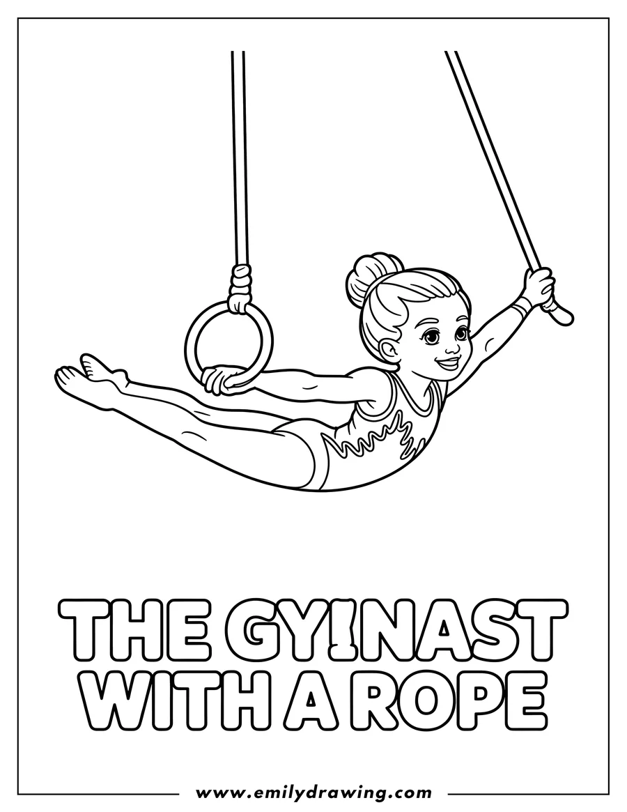 Line art of a gymnast performing a pose while holding onto gymnastics rings.  She is wearing a leotard and has her hair in a bun.