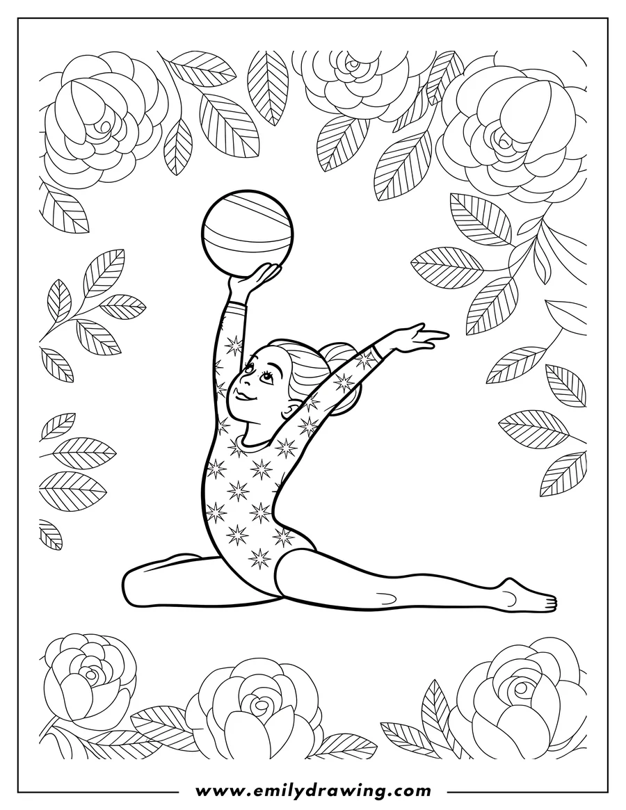 Line art of a gymnast performing a split while holding a ball overhead. She wears a leotard decorated with stars. The background features a decorative border of roses and leaves.