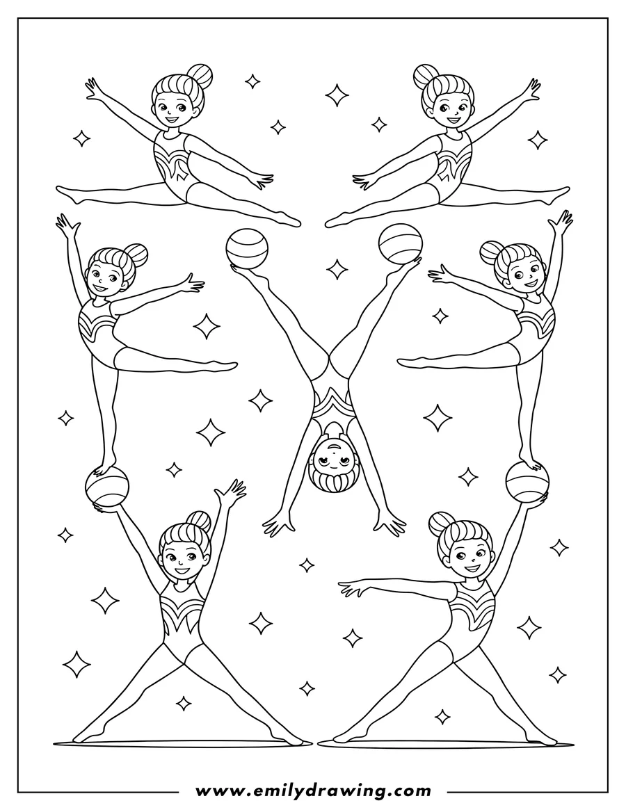 Outline of gymnasts in various poses, some balancing with gymnastic balls.