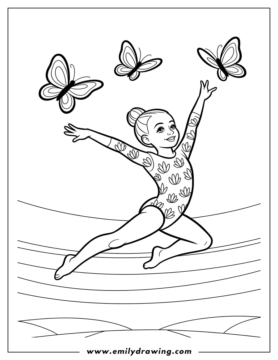 Outline of a gymnast in a leotard, mid-leap, reaching for three butterflies above her. She appears graceful and is smiling.