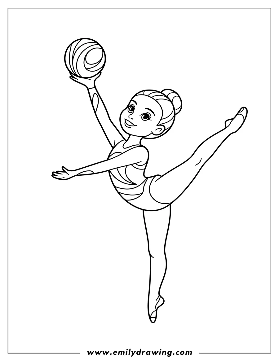Line art of a gymnast balancing on one foot while holding a ball overhead.
