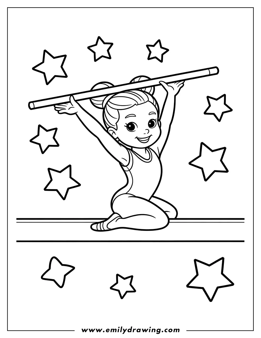 Line art of a gymnast kneeling and holding a horizontal bar above her head, surrounded by stars.