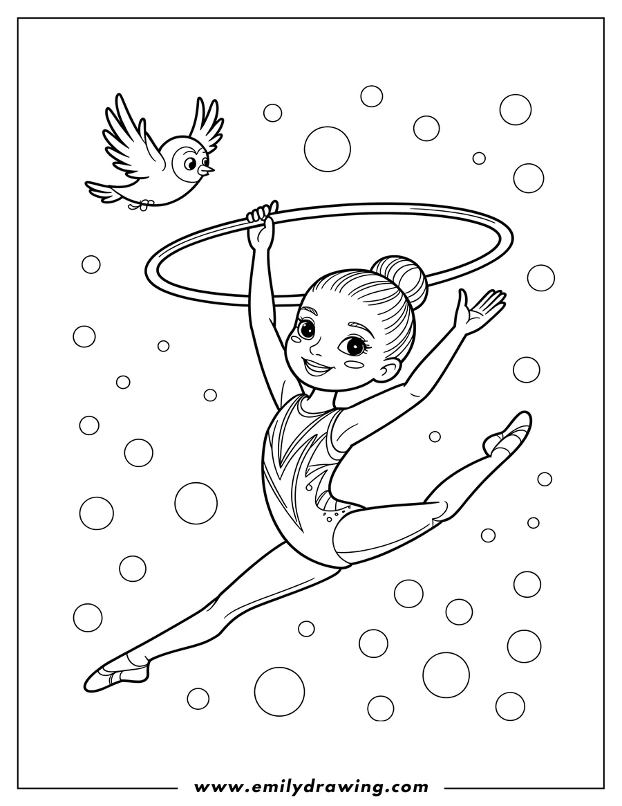 Line art of a gymnast performing with a hoop. She's mid-air, holding the hoop and doing a split.