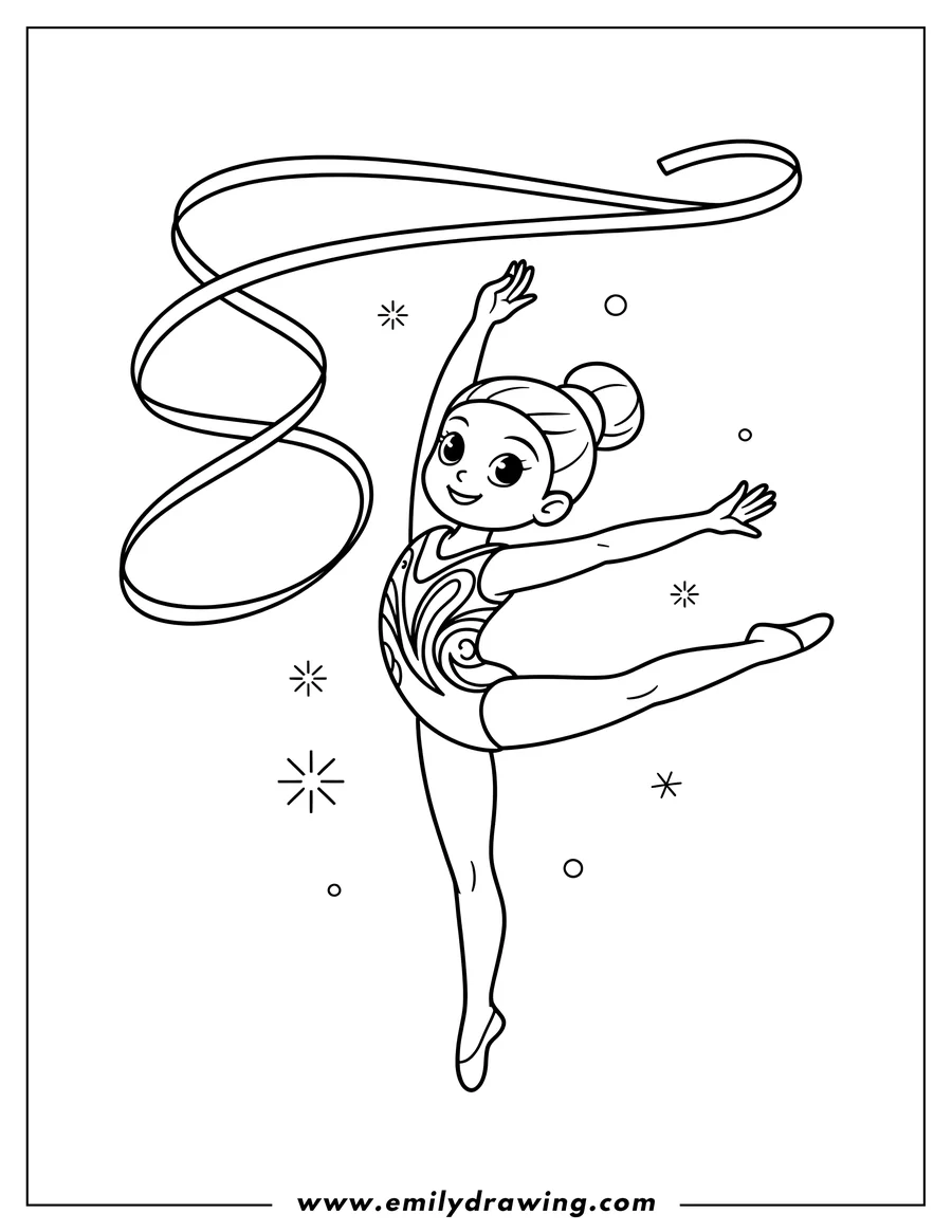 Outline of a gymnast performing with a ribbon. She is wearing a leotard and has her hair in a bun.