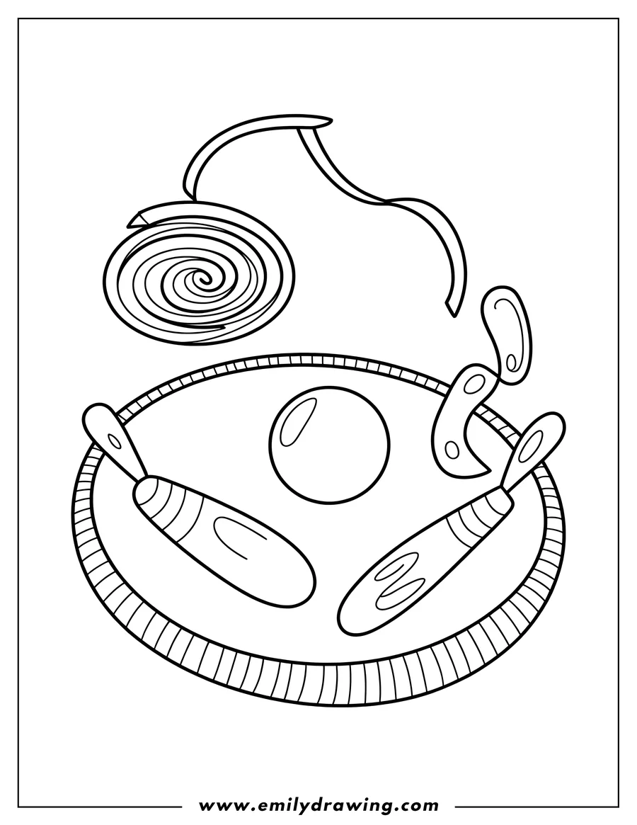 Outline of gymnastics equipment including a ball, clubs, and a ribbon, arranged on a mat.