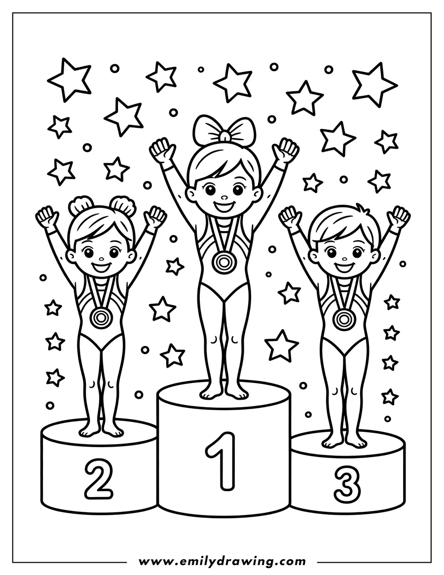 Three gymnasts stand on a winner's podium. They're wearing medals and have their arms raised in celebration.