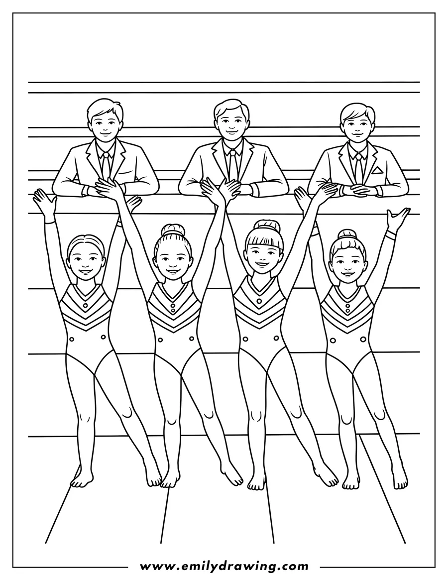 Outline of four gymnasts posing with arms raised, and three judges watching in the background.