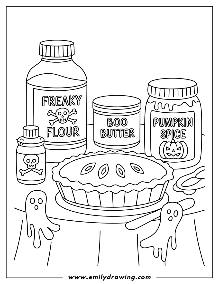 Line art showing a Halloween pie on a table surrounded by jars labeled 'Freaky Flour,' 'Boo Butter,' and 'Pumpkin Spice,' with two small ghost figures nearby.