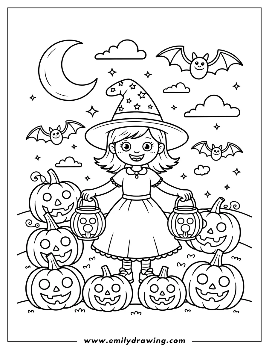 Line art of a smiling girl in a witch hat holding two jack-o'-lantern candy buckets, surrounded by carved pumpkins and flying bats under a crescent moon.