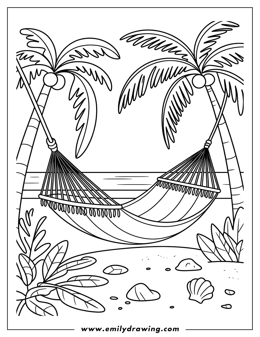 Line art of a hammock strung between two palm trees on a sandy beach, with the ocean in the background and a seashell on the sand.