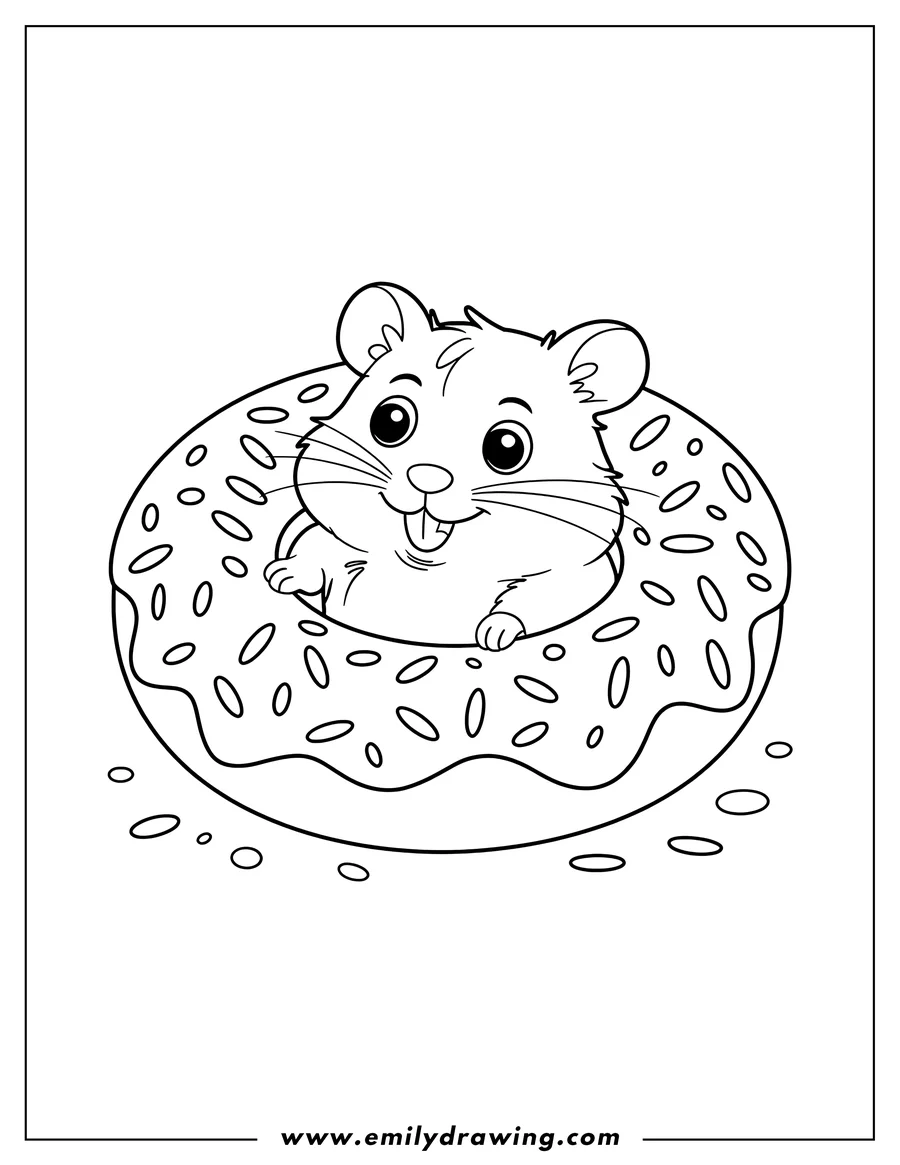 Outline of a hamster sitting happily inside a donut with sprinkles.