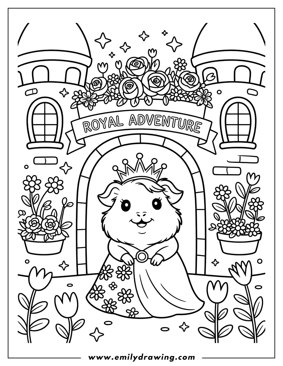 Line art of a hamster princess wearing a crown and floral dress, standing in a castle archway with flowers and stars around her.