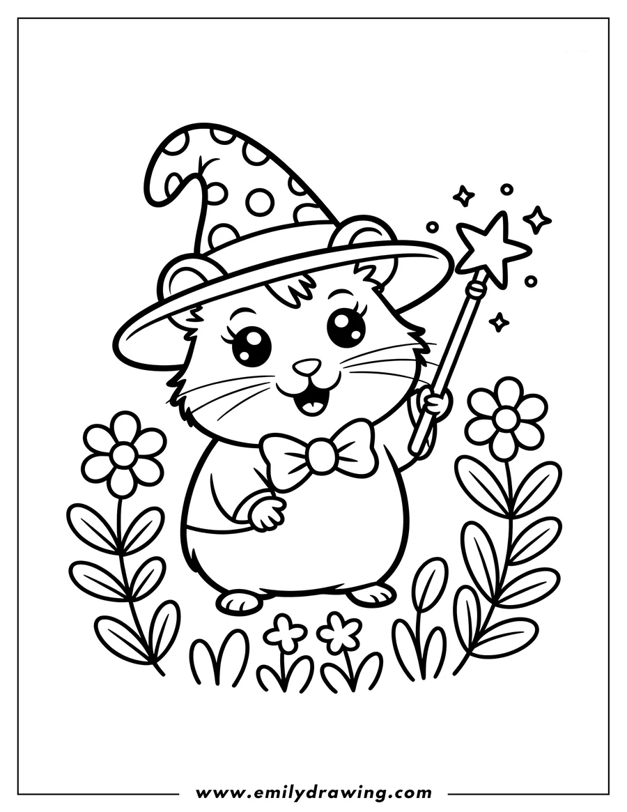 Line art of a cute hamster dressed as a wizard, wearing a polka dot hat and a bow tie, and holding a star-tipped magic wand amidst simple flowers.