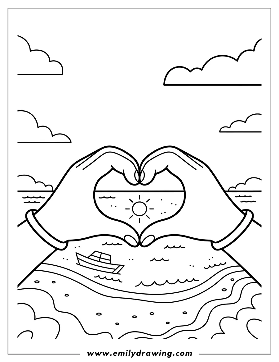 Outline of two hands forming a heart shape, framing a beach scene with a boat, sun, ocean waves, and clouds in the sky.