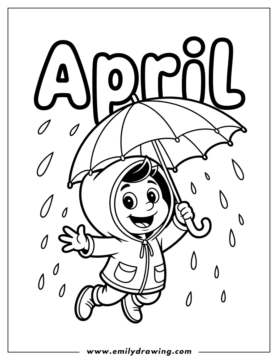 Line art of a cheerful child wearing a raincoat and holding an umbrella, jumping playfully in the April rain.